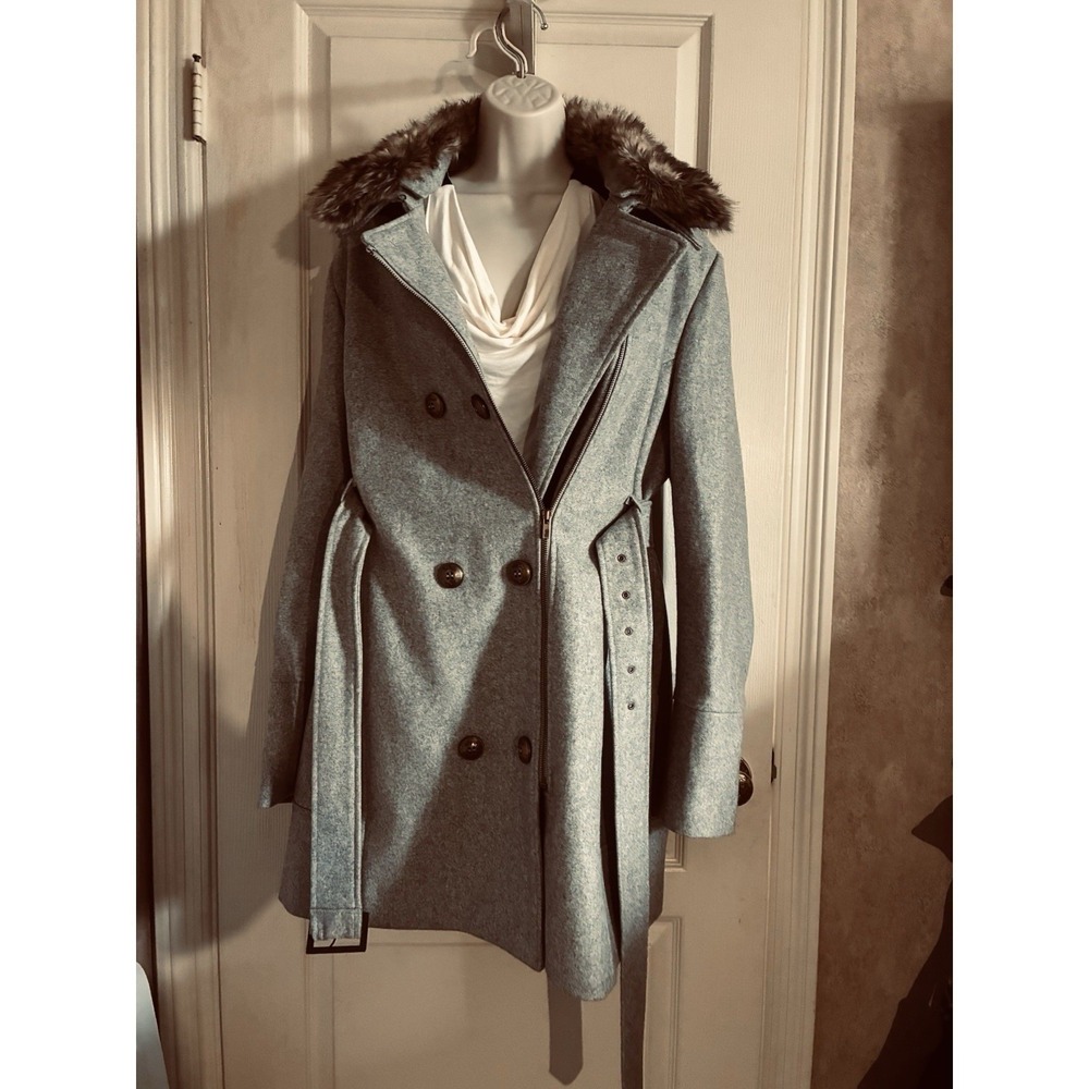 Black Rivet Peacoat Women XXL Gray Faux Fur Trim Belted Asymmetrical Zip